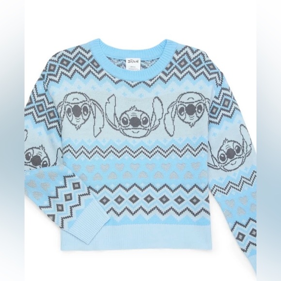 Disney Stitch Girls Metallic Blue Sweater Lurex Holiday Sweater - Picture 2 of 7